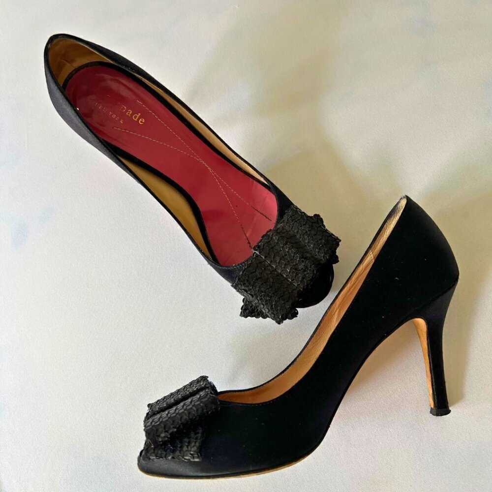Kate Spade Black Genie Satin Sequin Bow Pumps